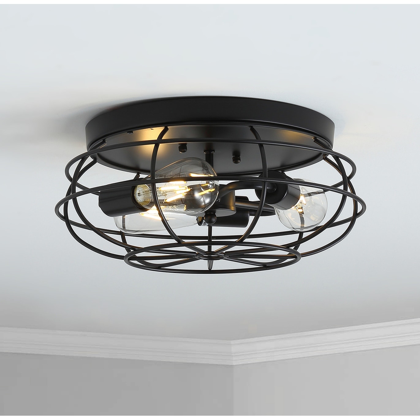 Industrial Black 3-Light Caged Shape Flush Mount Lamp