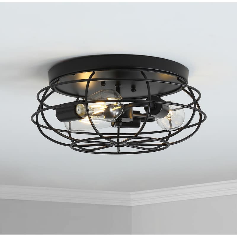 Industrial Black 3-Light Caged Shape Flush Mount Lamp - Black