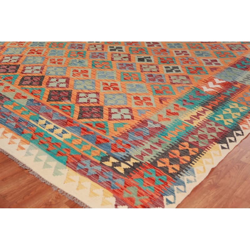 Trellis Orange Kilim Reversible Wool Area Rug Wool Carpet - 9'9"x 12'8"