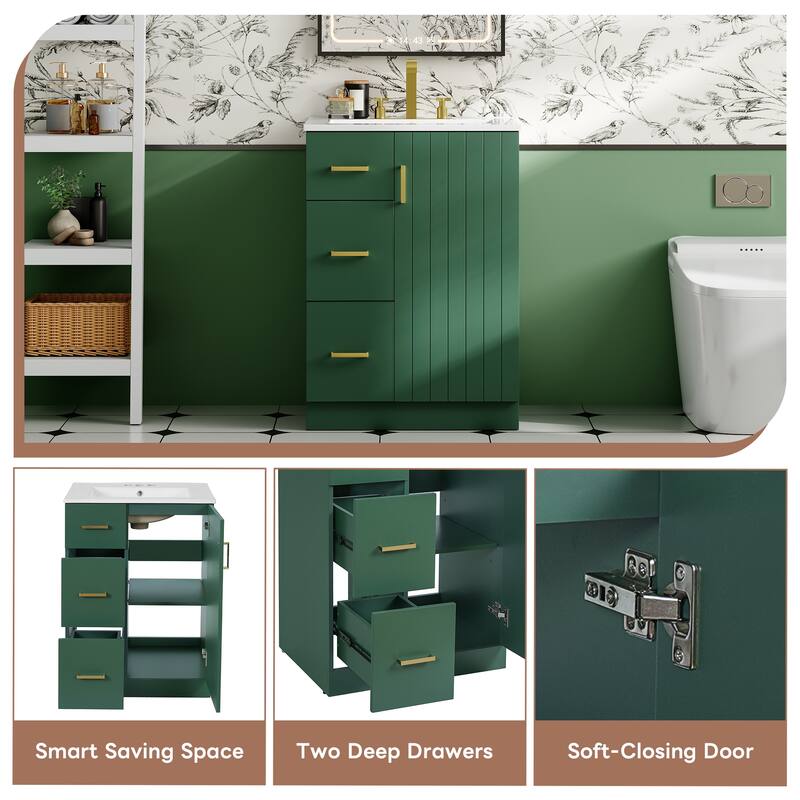 GDFStudio - Elmbrook Modern Bathroom Vanity with Ceramic Sink and 2 Storage Drawers & Soft-Closing Door - 24'W