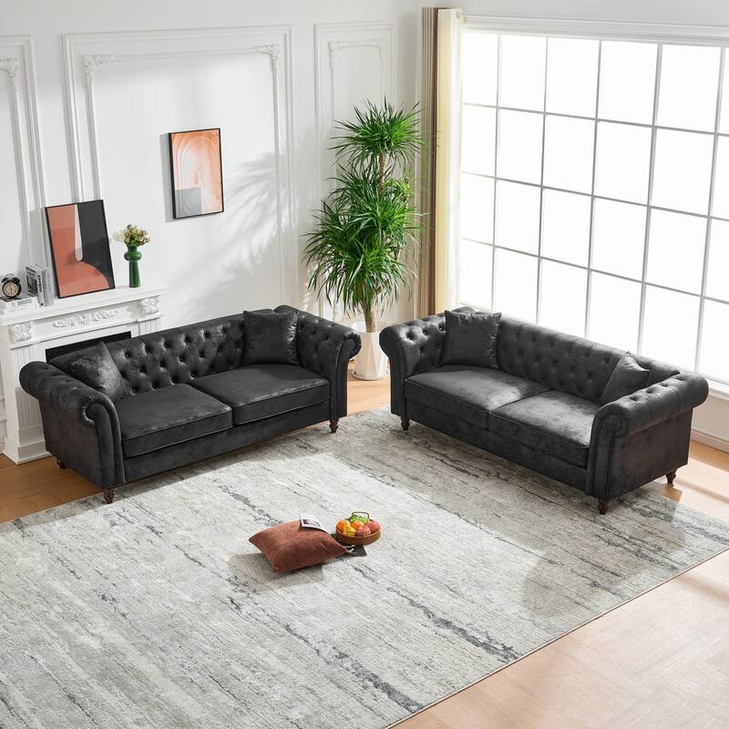 83"Chesterfield ‌Tech Fabric Sofa,High-Tech Fabric Roll Armrest Sofa,Upholstered Modern Couch,3 Seater Couch