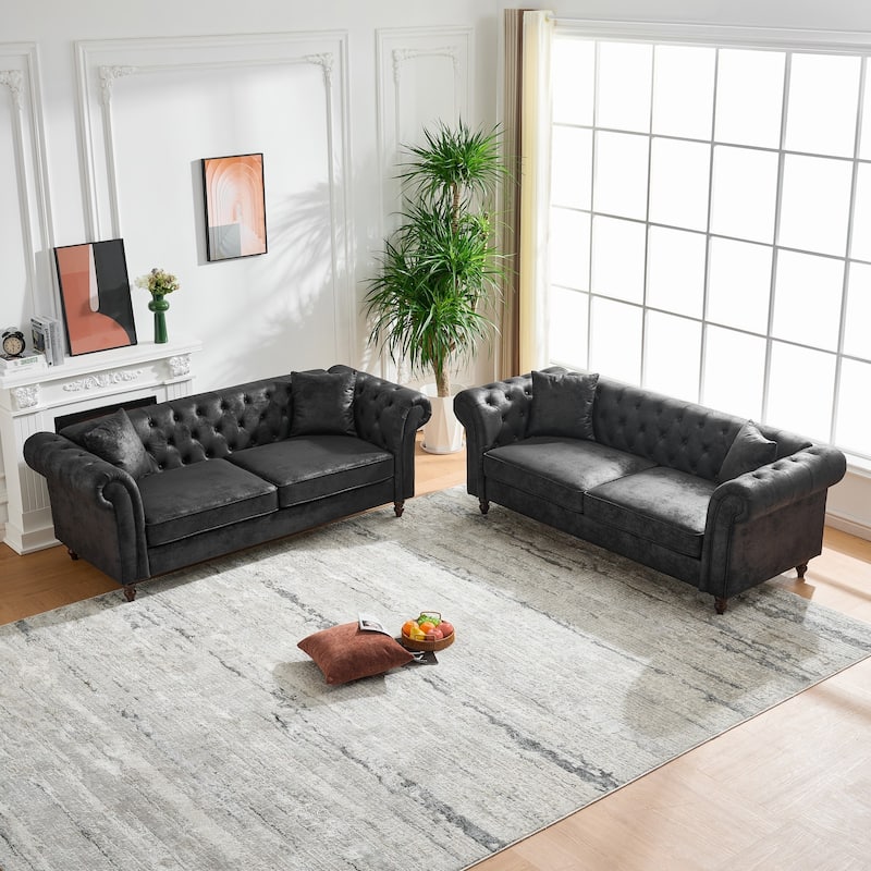 Roomfitters 83 Inch Classic Chesterfield Upholstered Sofa Set, 2-Piece Buttoned Back Scrolled Arm Couch Furniture Set, Black