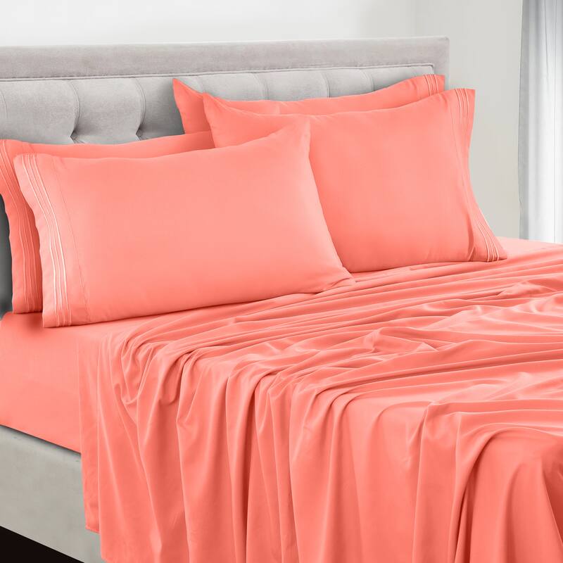 6 Piece Bed Sheet Set Deep Pocket Ultra Soft Microfiber Bedding Sheets - King - Coral