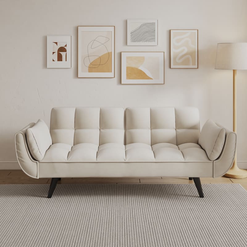 57" Velvet 2 Seater Convertible Sofa with Adjustable Backrest and Armrests for Compact Living Spaces - Beige