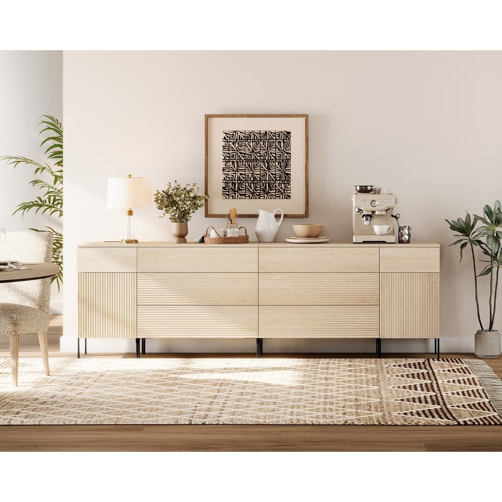 94.5" Wooden Reeded Sideboard With Built-In Charging Station, 4-In-1 Modern Credenza