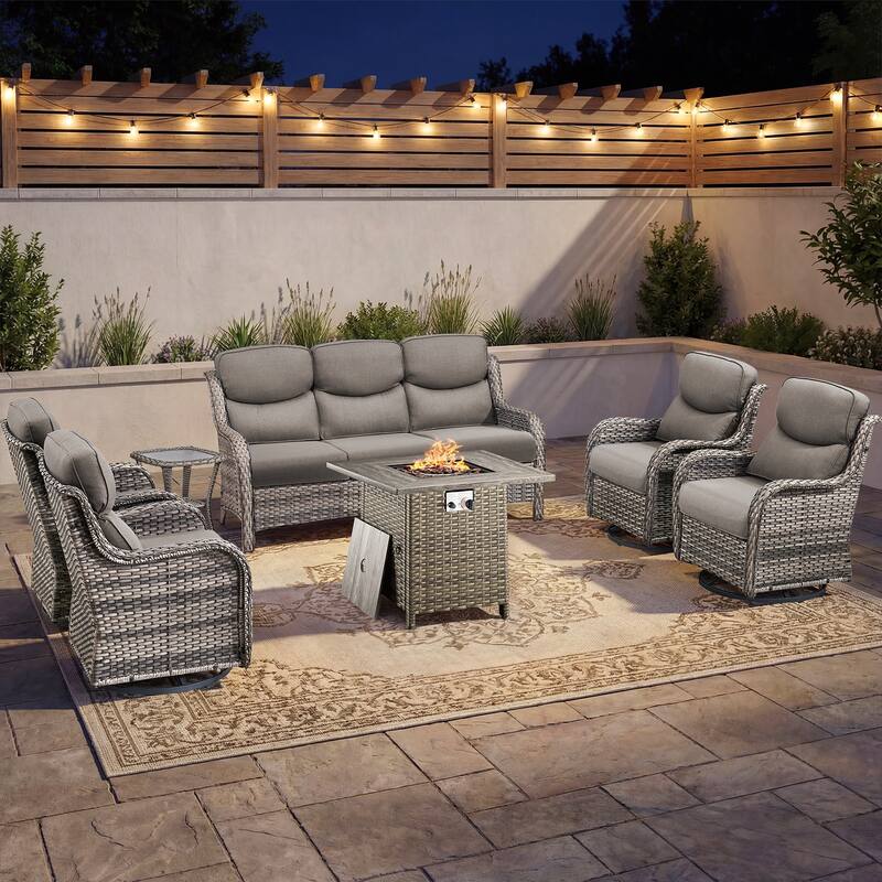 Pocassy Outdoor Propane Fire Table w/ Sofa Swivel Chair Ottoman Funiture Set. - Gray Wicker Gray Cushion - 6-Piece Sofa Swivel Chair w/ Fie Pit Table