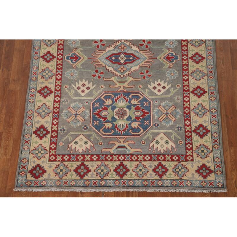 Gray Geometric Kazak Area Rug Handmade Oriental Wool Carpet - 4'11" x 7'0"