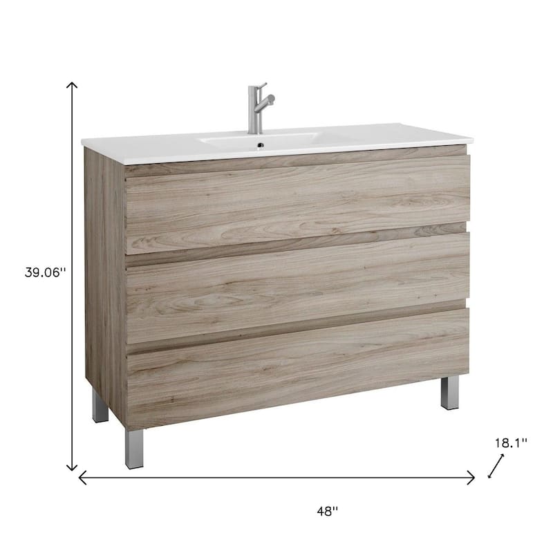 HomeRoots 48" Natural Wood Freestanding Bathroom Vanity With White Sink And Three Drawers - 48.00 in. x 39.06 in. x 18.10 in.