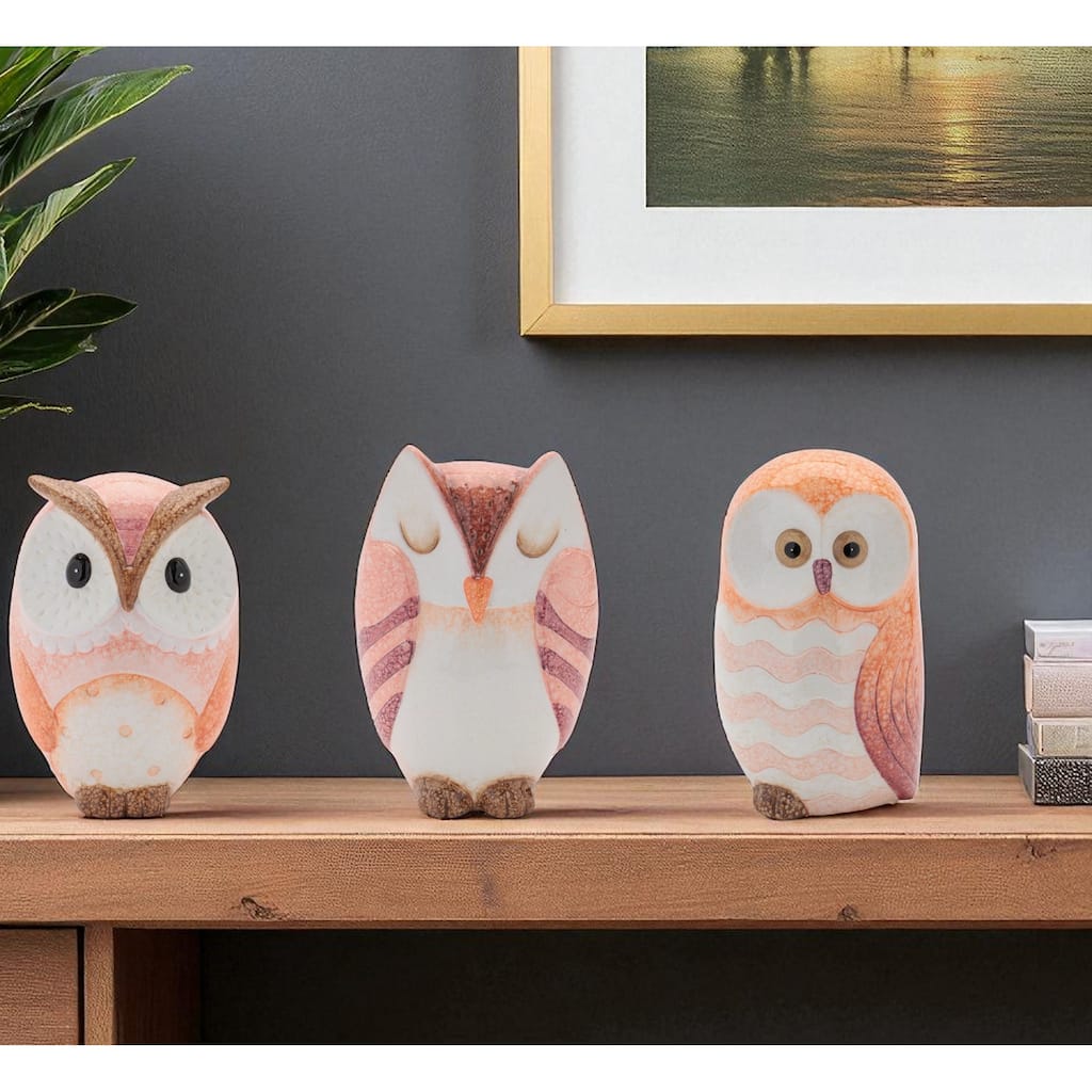 HomeRoots Set of Three Pink And Beige Terracotta Owl Figurines - 4.25 in. x 6.00 in. x 3.50 in.