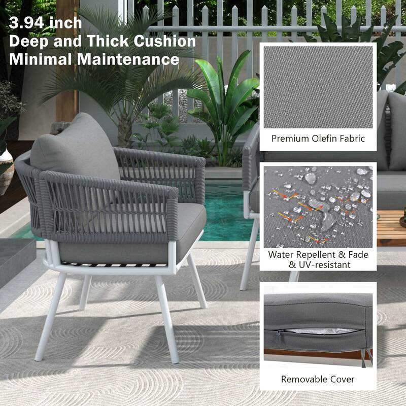 4-Piece Boho Sling Patio Conversation Set Outdoor Seating Set with Gray Cushions and Acacia Wood Coffee Table