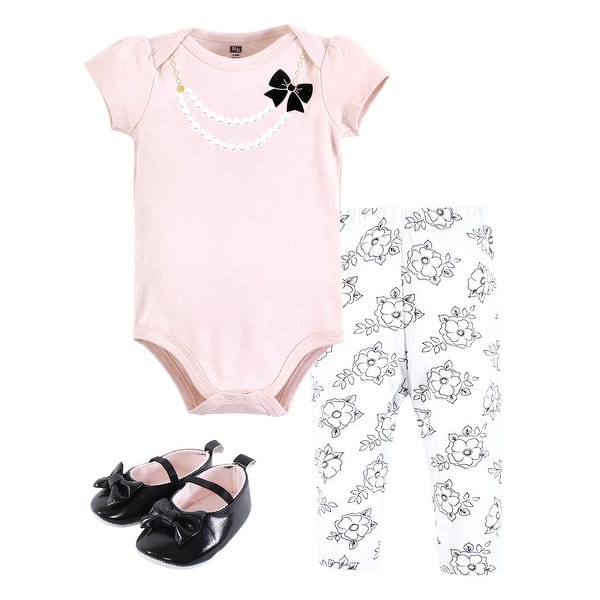 slide 1 of 1, Hudson Baby Infant Girl Cotton Bodysuit, Pant and Shoe Set, Pink Black Necklace 0-3 Months - Pink Black Necklace