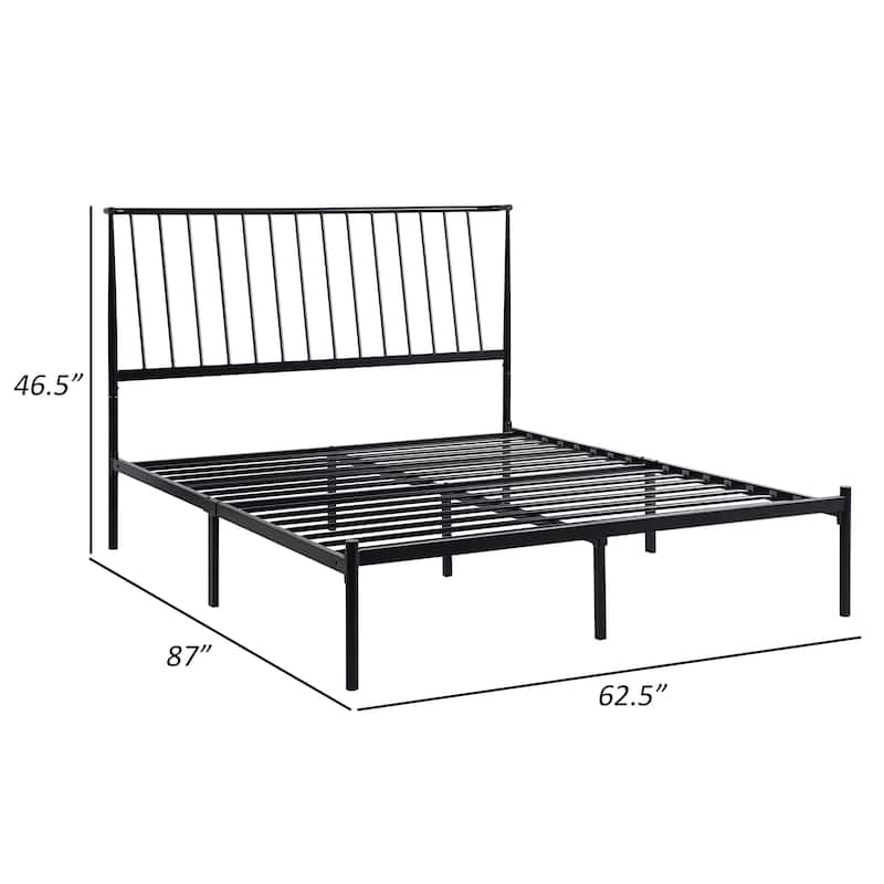 Angie Queen Bed, Platform Foundation, Slatted Headboard, Black Metal Frame