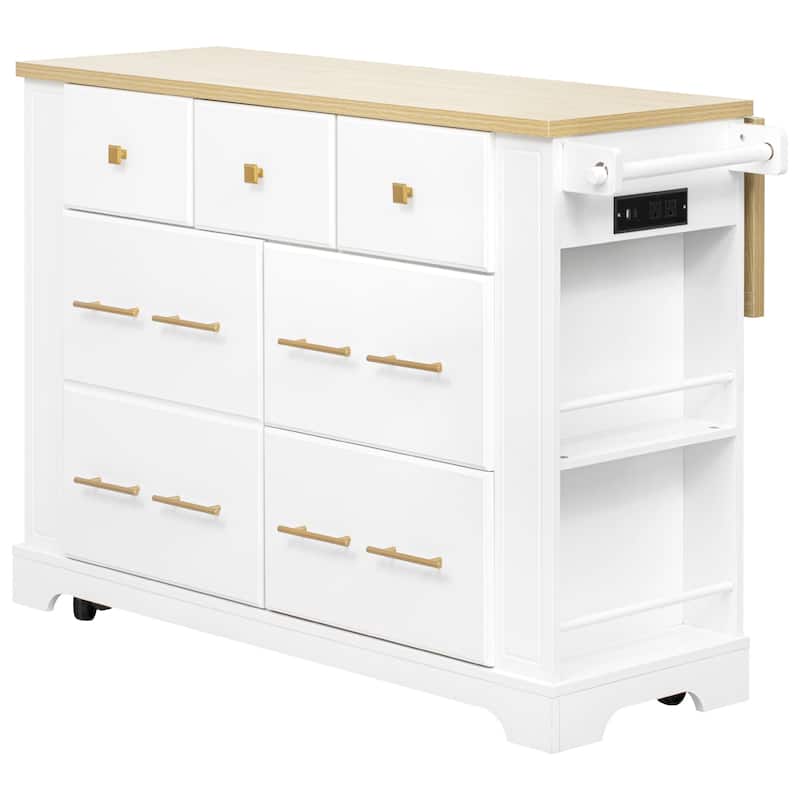 Kitchen Island with 6 Drawers, Pull Out Trash Can Storage, with Drop Leaf, Power Outlet, 5 Open Side Racks