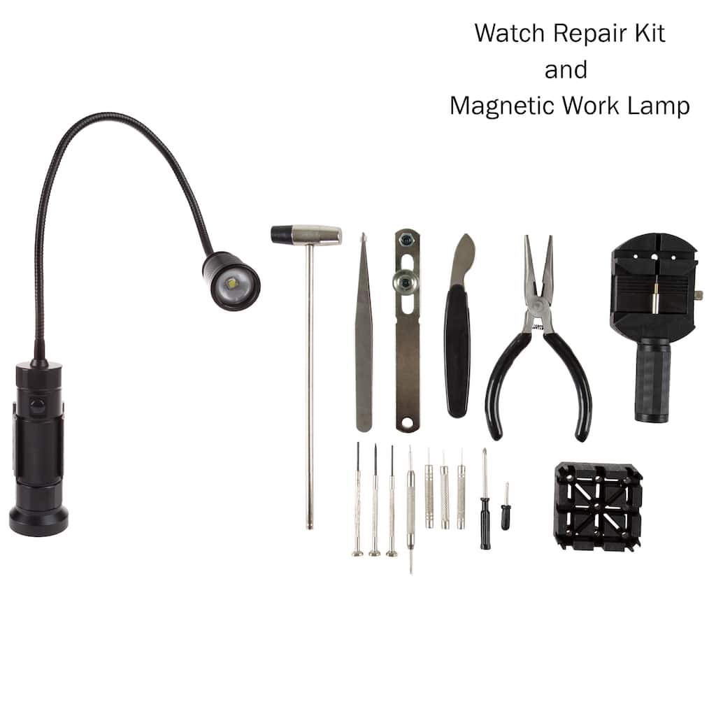 16-Piece Watch Repair Kit with Screwdrivers, Tweezers, Link Remover – LED Magnetic Light with Flexible Gooseneck by Stalwart