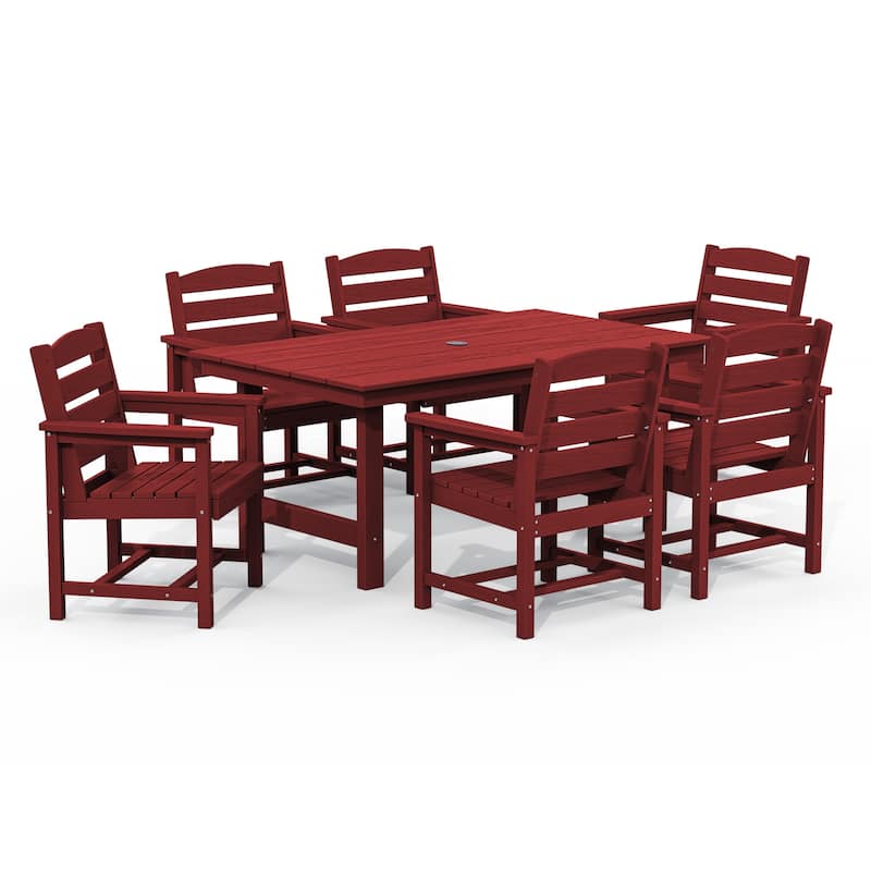 7-Piece HDPE Outdoor Dining Table Sets with Umbrella Hole - 1-Table 6-Chairs - Red