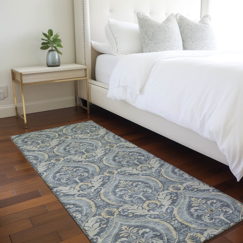 Machine Washable Indoor/ Outdoor Damask Chantille Rug - Blue - 2'3" x 7'6"