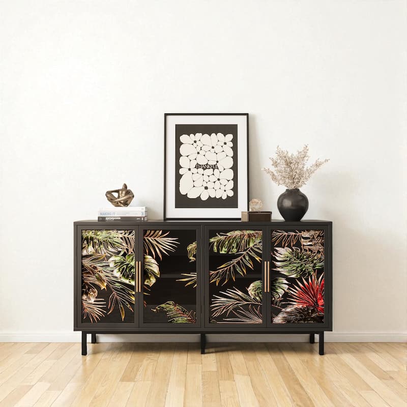 60" Art Glass 4-Door Sideboard Cabinet with Metal Frame, Retro Buffet Storage Console for Dining or Entryway. - Black