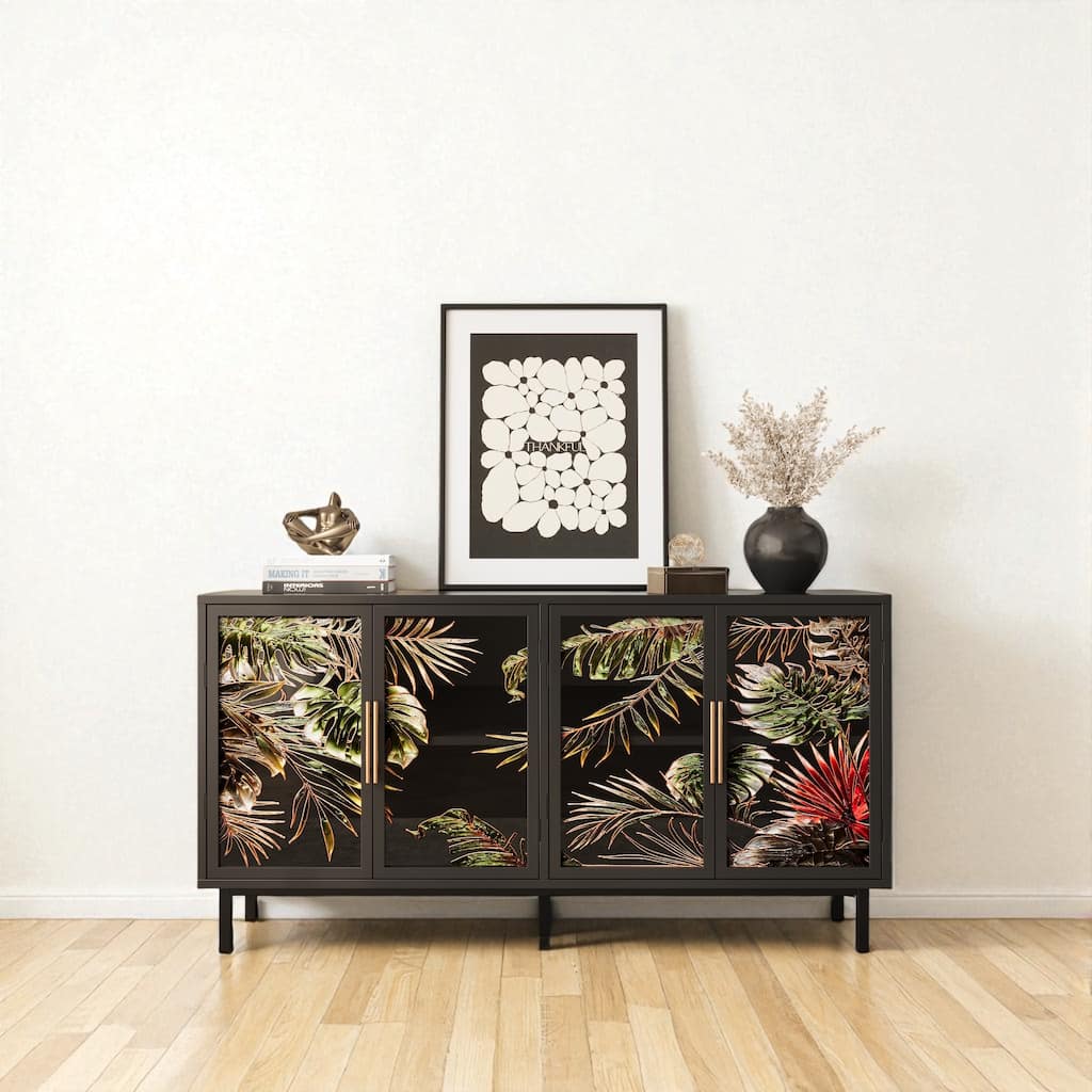 60" Art Glass 4-Door Sideboard Cabinet with Metal Frame, Retro Buffet Storage Console for Dining or Entryway.