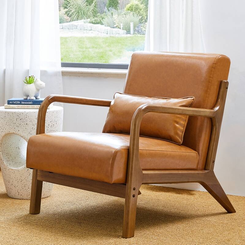 Glitzhome 30.75"H Mid-Century PU Leather Armchair with Ottoman Set