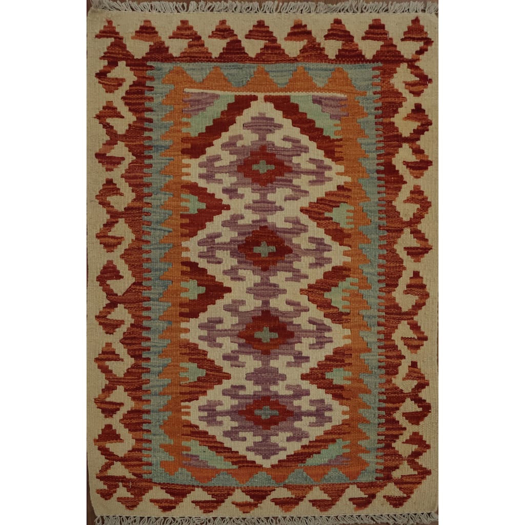 Hand Woven Oriental 100% Wool Carpet Southwestern Geometric Multi-Colored Kilim Area Rug - 3' 0'' X 2' 0''