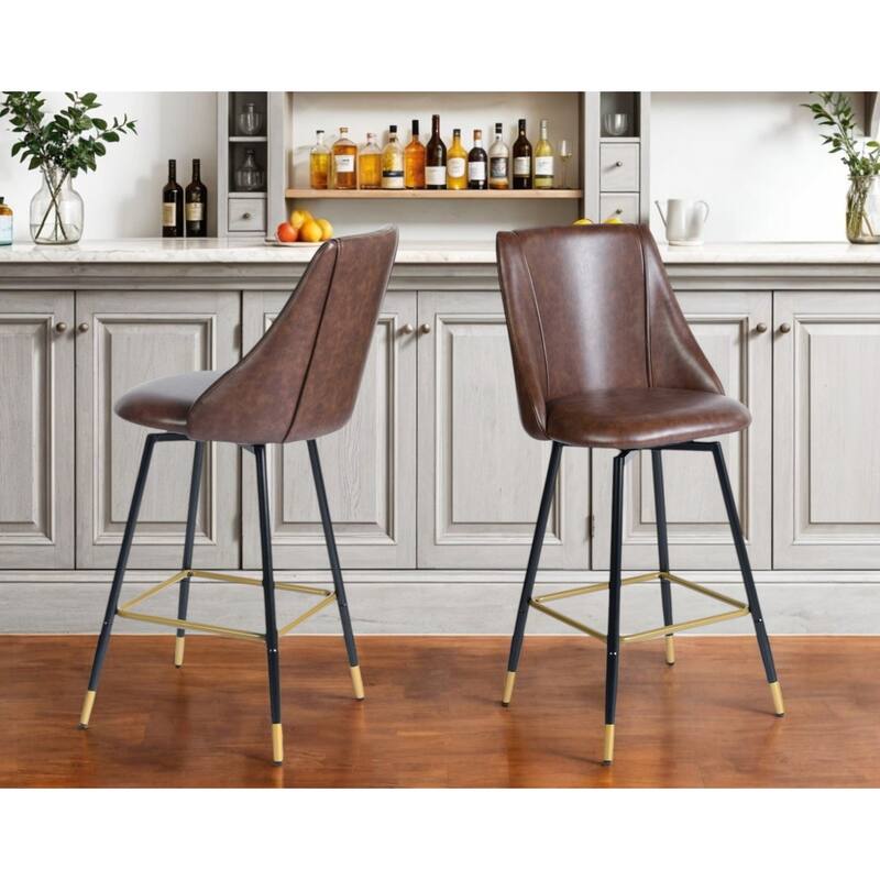 HomeRoots Set of Two 26" Brown and Black and Gold Faux Leather and Metal Counter Height Swivel Bar Chairs - Counter Height - Set of 2 - Brown/Black