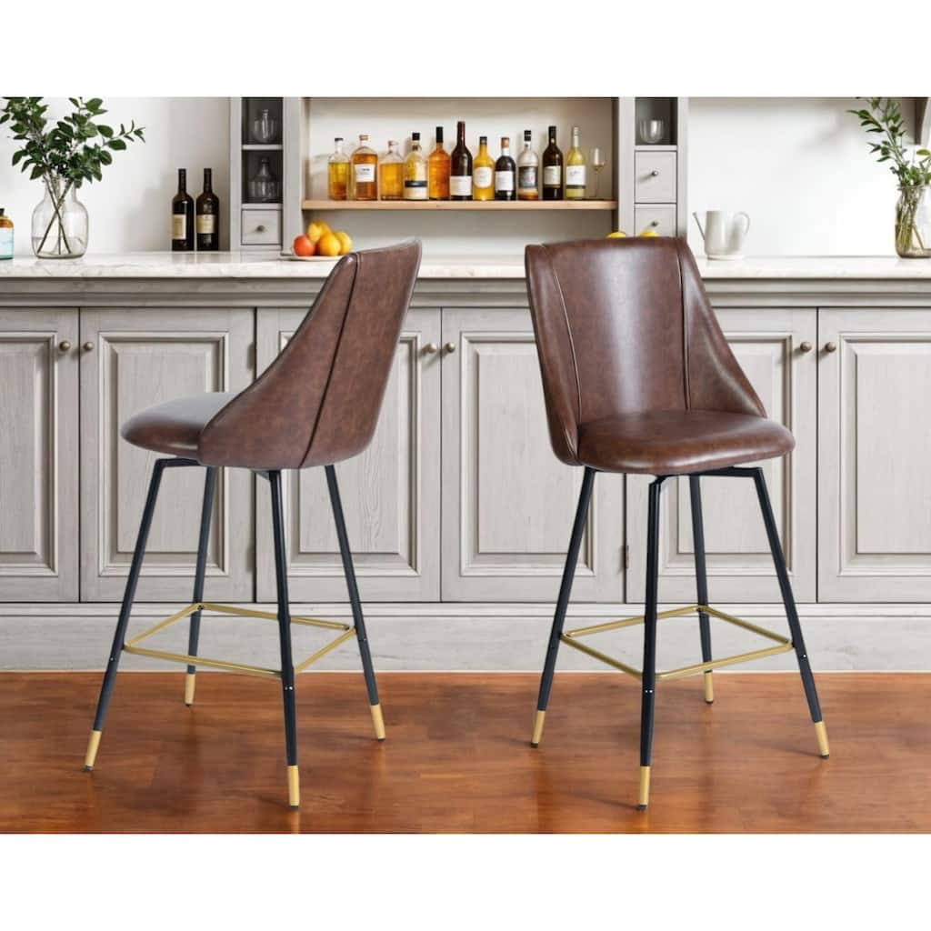 HomeRoots Set of Two 26" Brown and Black and Gold Faux Leather and Metal Counter Height Swivel Bar Chairs