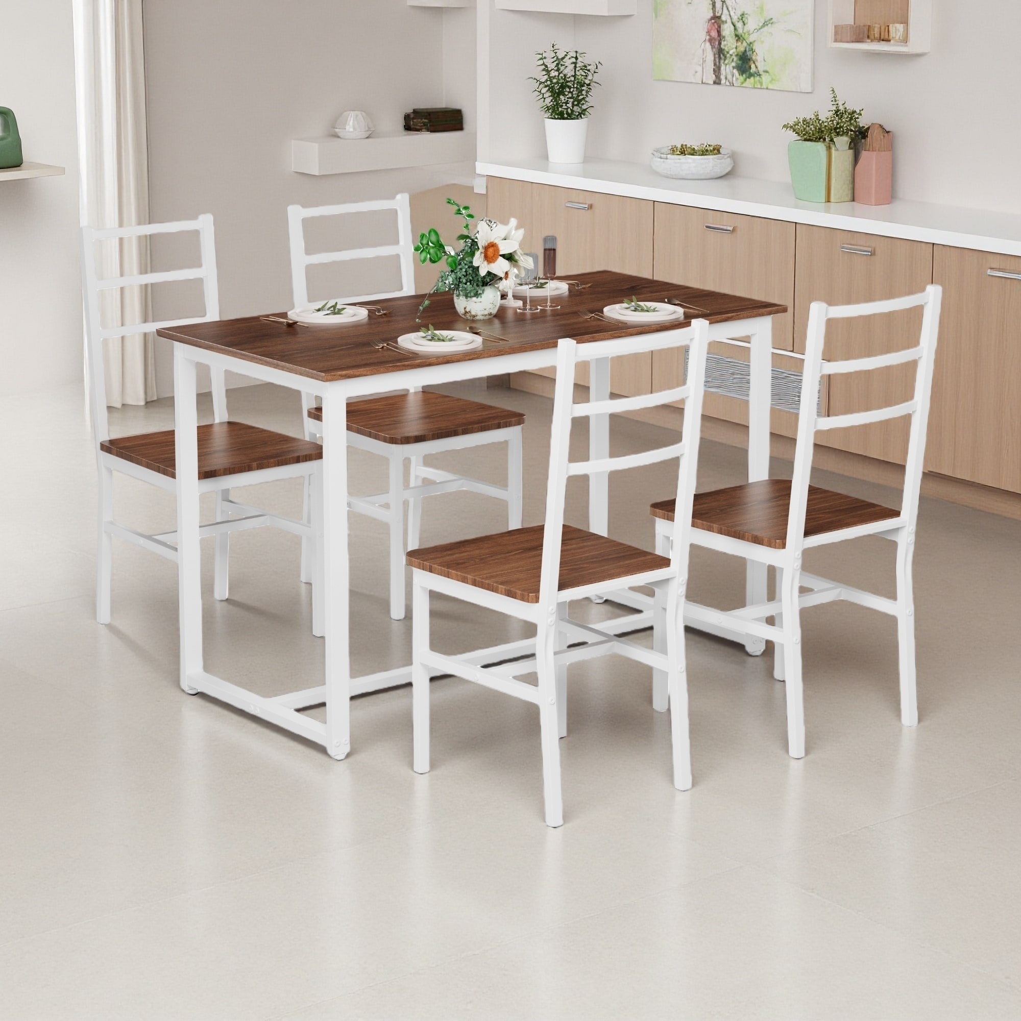 5-Piece 47.5" MDF & Metal Farmhouse Dining Set with 4 Chairs, Mid-Century Modern, Easy Assembly