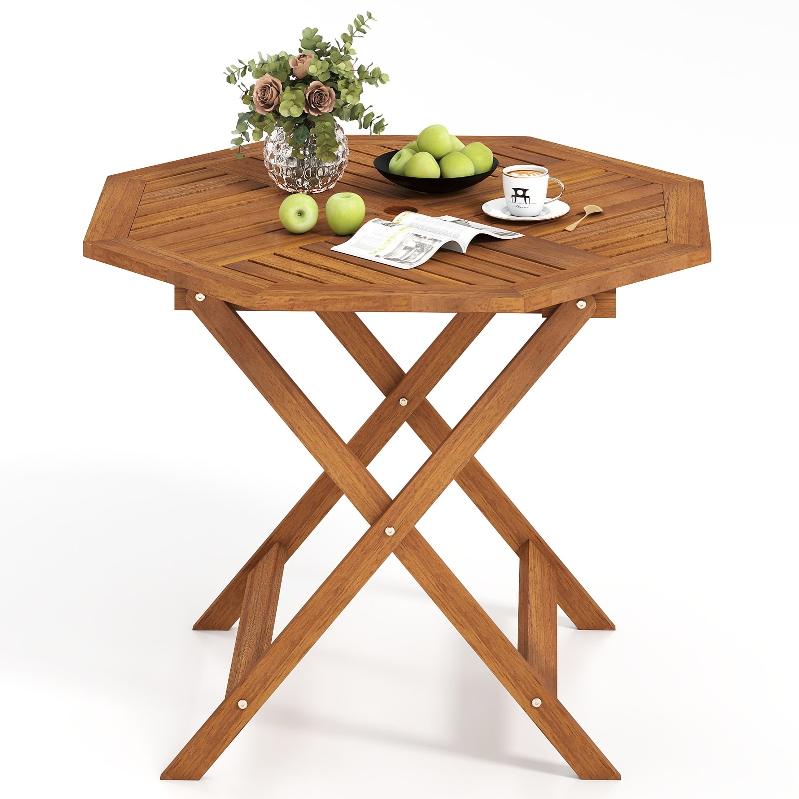 Gymax 35.5'' Solid Wood Patio Dining Table w/1.97'' Umbrella Hole