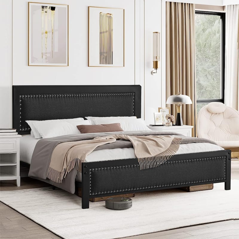 VECELO Bed Frame with Upholstered Linen Headboard and Footboard Heavy-Duty Platform with Strong Metal Slats