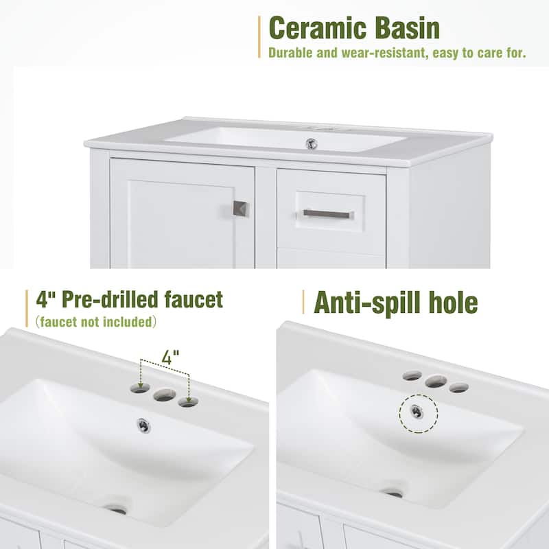 Modern Bathroom Vanity, 30" Freestanding Cabinet with Sink, Bathroom Storage Cabinet with Soft Closing Door and 3 Drawers