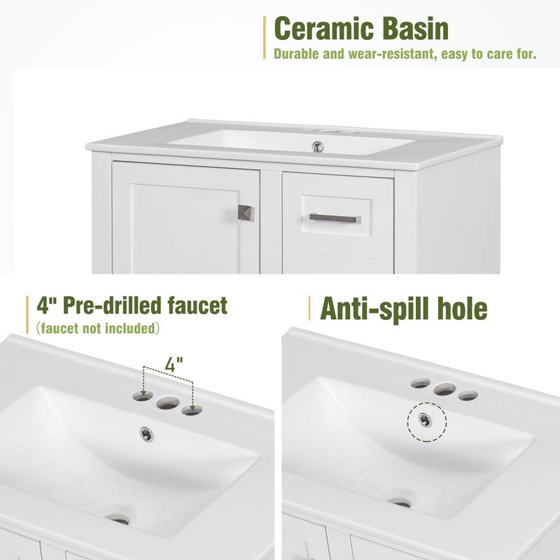 White 30" Bathroom Vanity Storage Cabinet w/ Ceramic Sink Combo Set