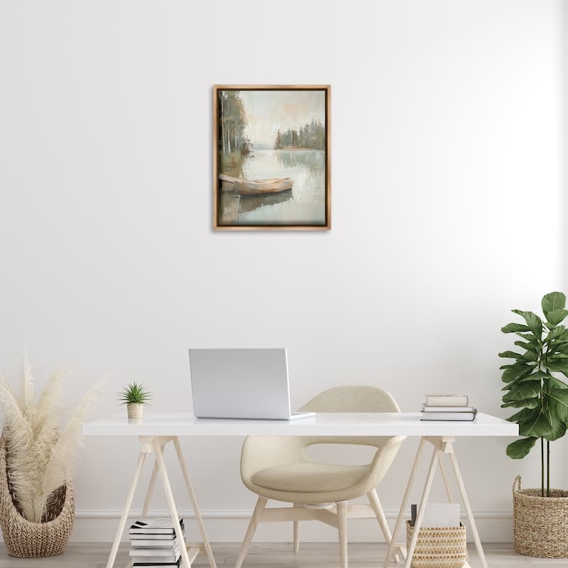 Stupell Canoe at Quiet Dock Framed Floater Canvas Wall Art Design By Petal Prints Design