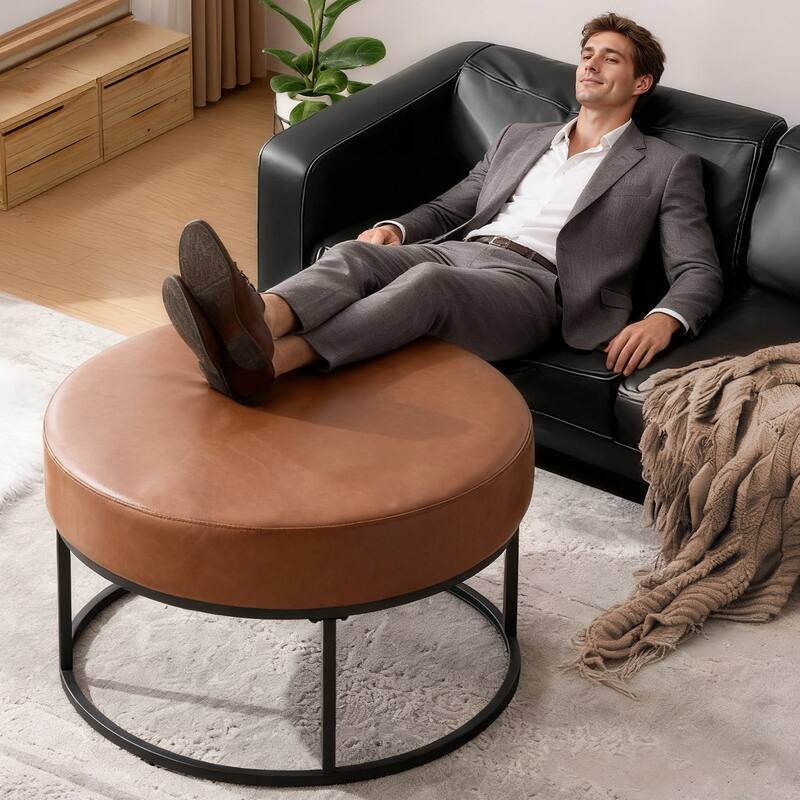 Faux Leather Round Ottoman for Living Room with Metal Legs