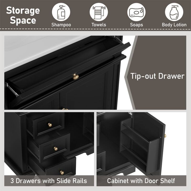 30" Bathroom Vanity with Ceramic Sink, Bathroom Vanity Cabinet with 3 Drawers, 1 Tip-out Drawer, Door Shelf & Soft Closing Door