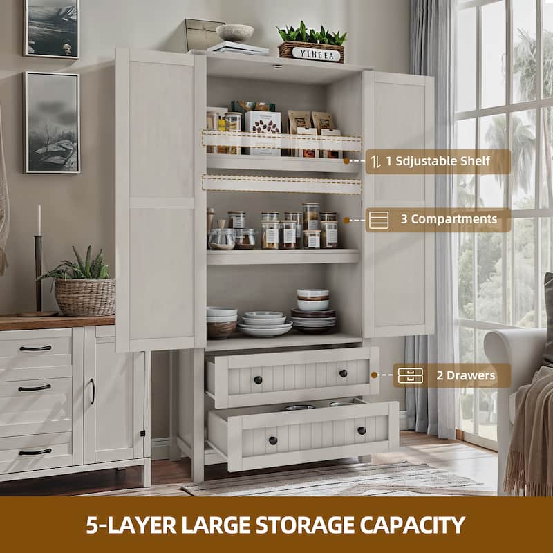 64" Farmhouse Tall Kitchen Pantry Storage Cabinet with 2 Drawers & Doors - White