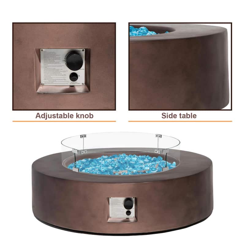 COSIEST 42'' Outdoor Round Propane Fire Pit w Wind Guard and Fire Glass