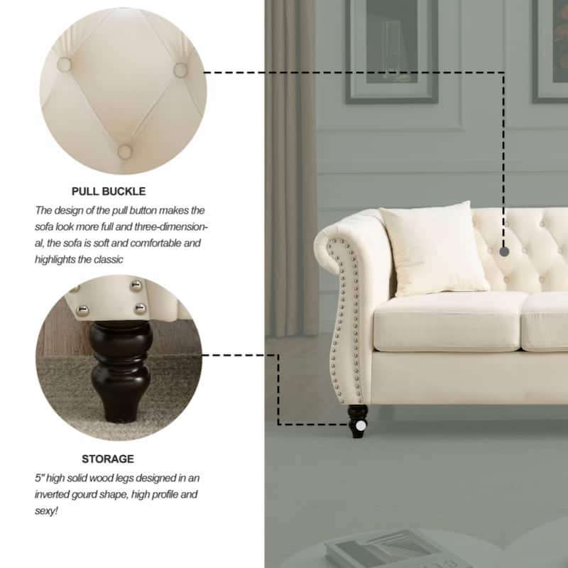 80" Chesterfield Sofa Grey Velvet for Living Room, 3 Seater Sofa Tufted Couch with Rolled Arms and Nailhead