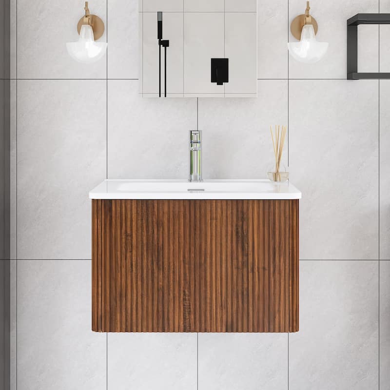 Floating Bathroom Vanity with Glossy White Integrated Ceramic Sink - 24.01'' x 18.3'' x 15.6'' - Walnut