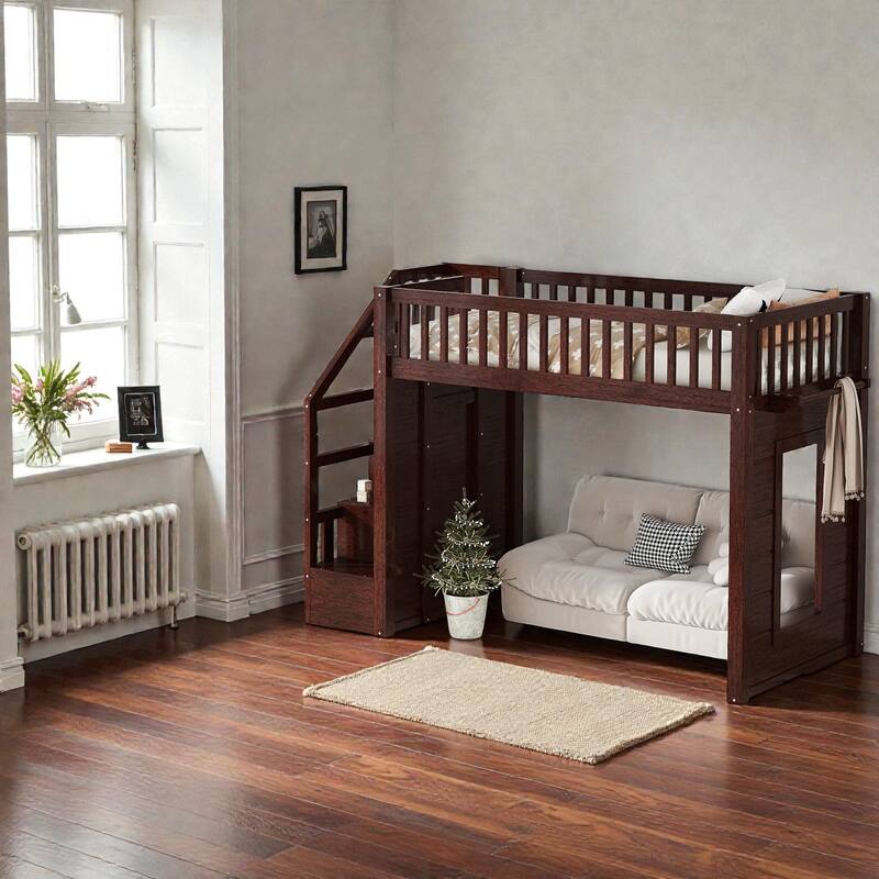 Loft Bed with Movable Desk, Storage Stairs & Shelves, Solid Wood Twin/Full High Loft Bed with Study Area & Safety Guardrails