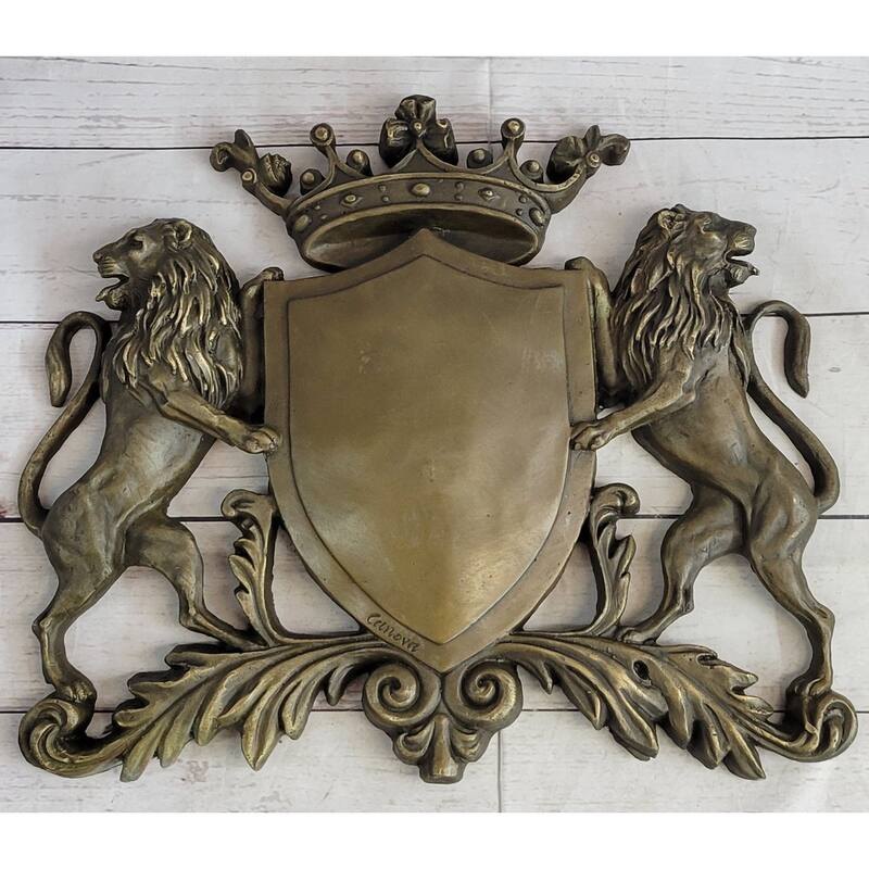 Coat Of Arms Family Crest Lions Crown Bronze Wall Mounted Hanging Sculpture 13 Inches X 16 Inches