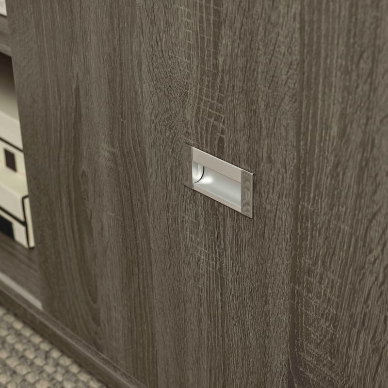 L-Shaped Workstation Home Office Desk Grey Mini Hutch Return Credenza Sliding Door Aluminum Metal Hardware