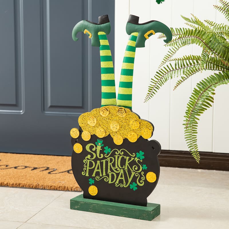 Glitzhome 24"H Wooden St. Patrick's Leprechaun Pot of Gold Porch Decor - St. Patrick's