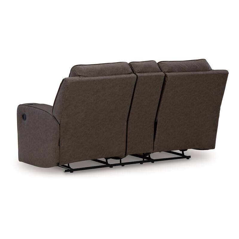 Livie Manual Recliner Loveseat, Console Brown Gray Faux Leather 77in