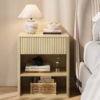 1-Drawer Modern Nightstand with Fluted Wood Storage Drawer