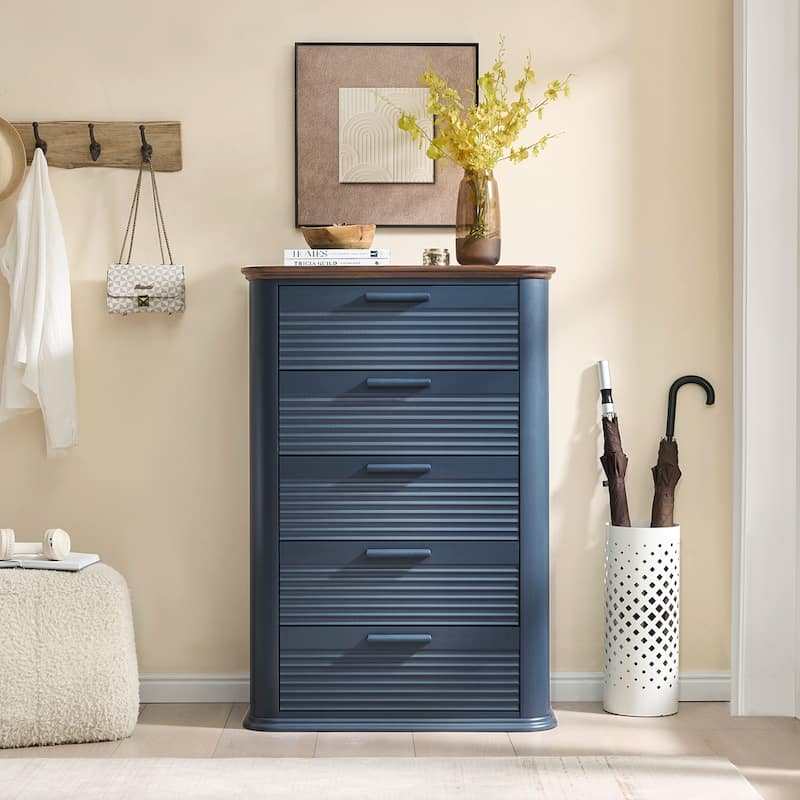 5 Drawers Dresser for Bedroom, 45" Tall Dresser with Curved Profile Design, Wood Fluted Chest of Drawers