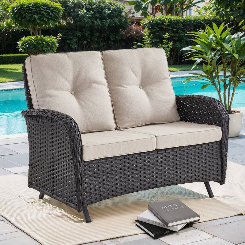 Outdoor Glider Loveseat Patio Wicker Sofa - Black - Beige