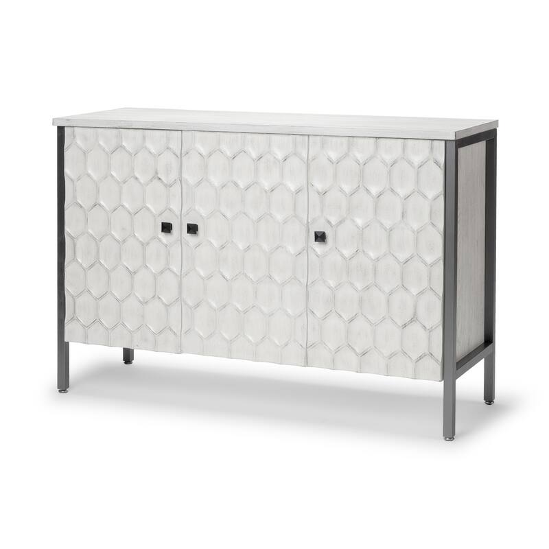 HomeRoots 47" White and Gray Wood and Metal Carved Geometric Accent Cabinet With Three Doors
