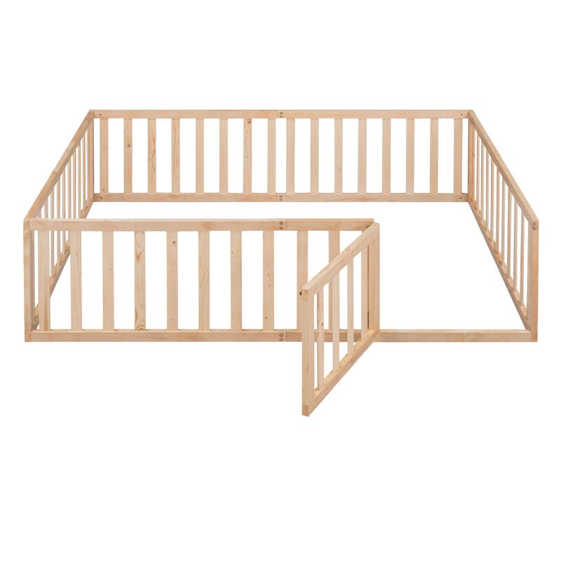 Versatile Wooden Floor Bed Frame without Slats, Solid Pinewood Kids Bed Frame with Fence and Door