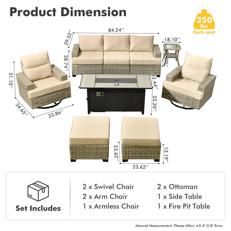 HOOOWOOO 9-piece Outdoor Wicker Furniture Swivel Rocking Chair Set with Fire Pit Table