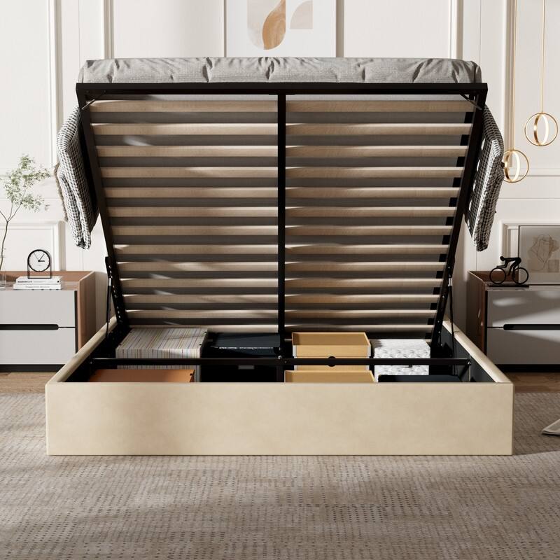 Modern Upholstered Lift-Up Storage Platform Bed with Headboard